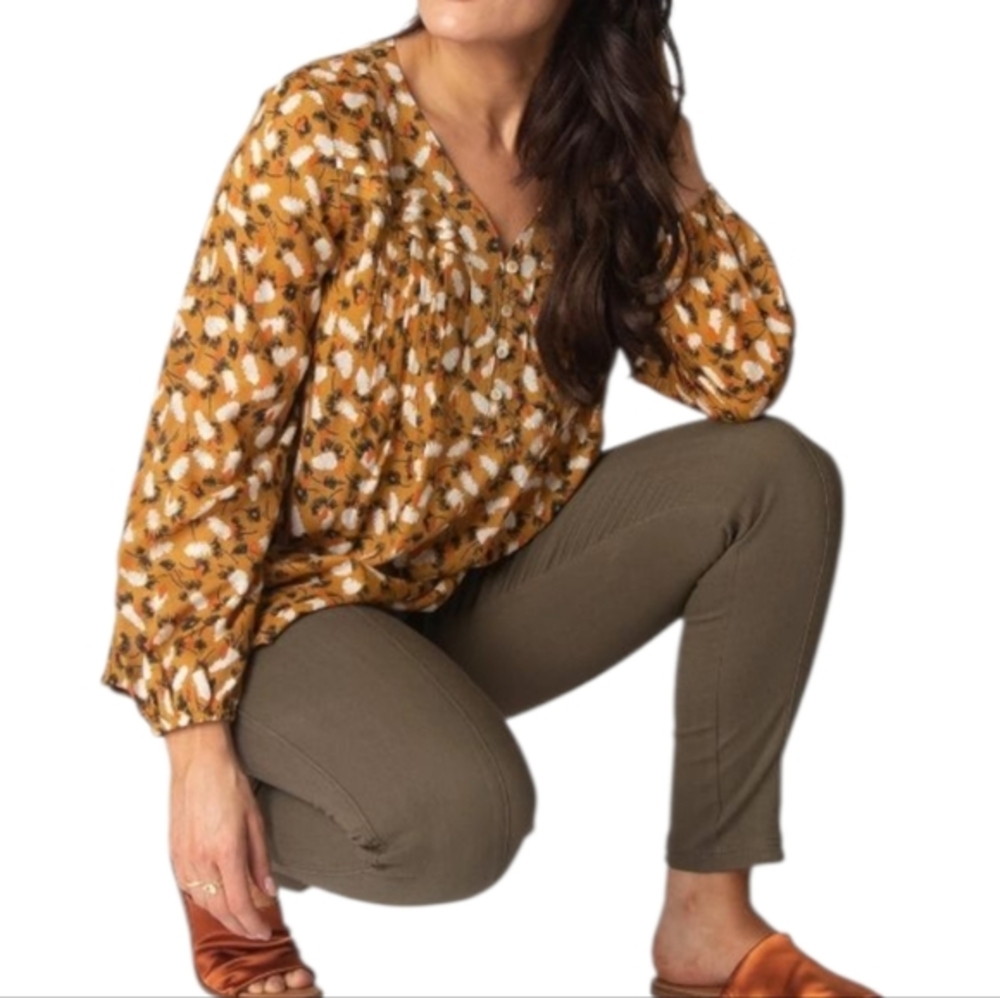 Intro Pintucked‎ Floral Fall Print Mustard Blouse Button Front Size Medium